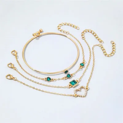 Golden Green Heart Crystal Chain Fashion Bracelet